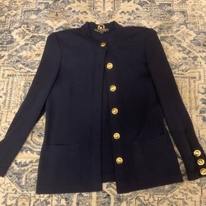 Classic navy blue St. John knit blazer with classic buttons